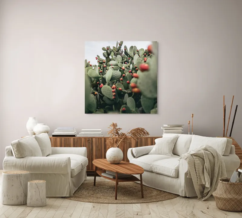 Tablou Canvas, "Oază de cactuși cu fructe colorate", Spini, Verde, Cactuși, Roșu, Fructe, Natură, Texturi, Pădure, Rugozitate, Ariditate, 100 x 100 cm – poza 3