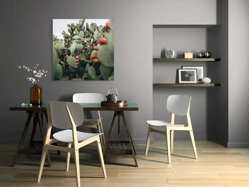 Tablou Canvas, "Oază de cactuși cu fructe colorate", Spini, Verde, Cactuși, Roșu, Fructe, Natură, Texturi, Pădure, Rugozitate, Ariditate, 100 x 100 cm – poza 6