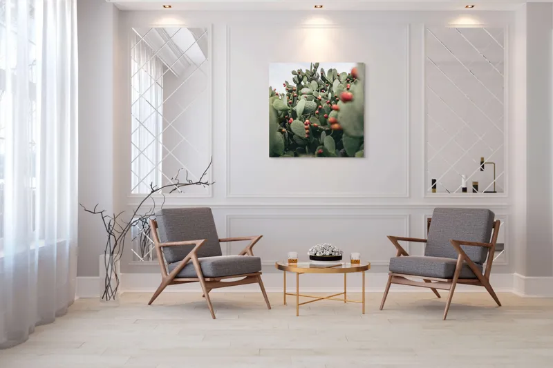 Tablou Canvas, "Oază de cactuși cu fructe colorate", Spini, Verde, Cactuși, Roșu, Fructe, Natură, Texturi, Pădure, Rugozitate, Ariditate, 100 x 100 cm – poza 7