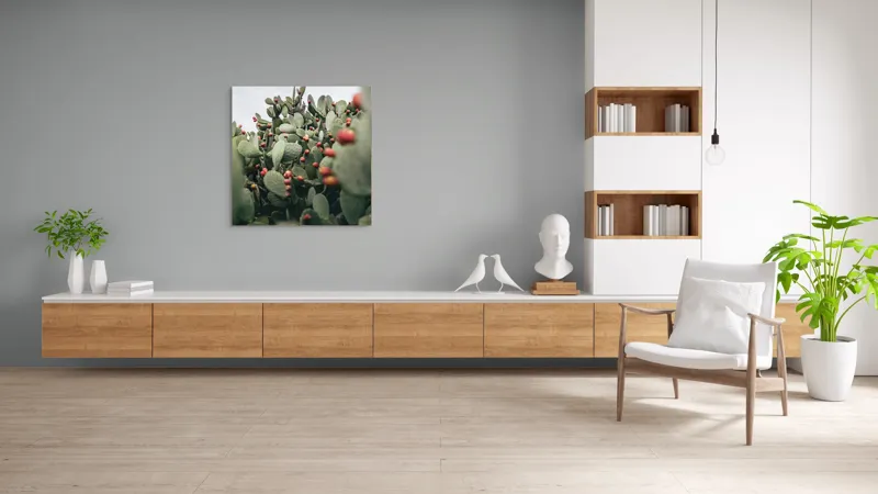 Tablou Canvas, "Oază de cactuși cu fructe colorate", Spini, Verde, Cactuși, Roșu, Fructe, Natură, Texturi, Pădure, Rugozitate, Ariditate, 100 x 100 cm – poza 8