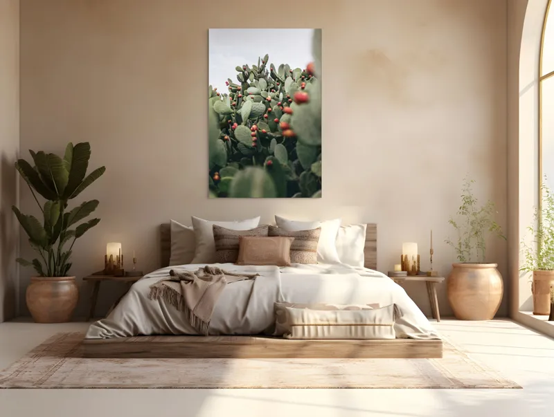 Tablou Canvas, "Oază de cactuși cu fructe colorate", Spini, Verde, Cactuși, Roșu, Fructe, Natură, Texturi, Pădure, Rugozitate, Ariditate, 100 x 150 cm – poza 3