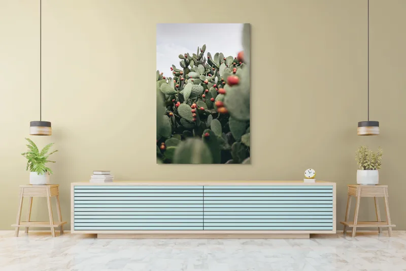 Tablou Canvas, "Oază de cactuși cu fructe colorate", Spini, Verde, Cactuși, Roșu, Fructe, Natură, Texturi, Pădure, Rugozitate, Ariditate, 100 x 150 cm – poza 4