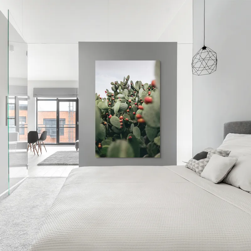 Tablou Canvas, "Oază de cactuși cu fructe colorate", Spini, Verde, Cactuși, Roșu, Fructe, Natură, Texturi, Pădure, Rugozitate, Ariditate, 100 x 150 cm – poza 5