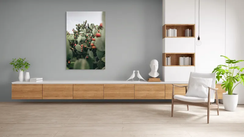 Tablou Canvas, "Oază de cactuși cu fructe colorate", Spini, Verde, Cactuși, Roșu, Fructe, Natură, Texturi, Pădure, Rugozitate, Ariditate, 100 x 150 cm – poza 8