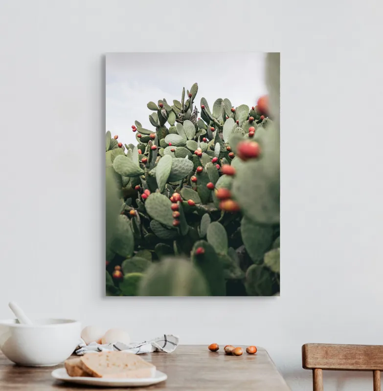 Tablou Canvas, "Oază de cactuși cu fructe colorate", Spini, Verde, Cactuși, Roșu, Fructe, Natură, Texturi, Pădure, Rugozitate, Ariditate, 50 x 70 cm – poza 3