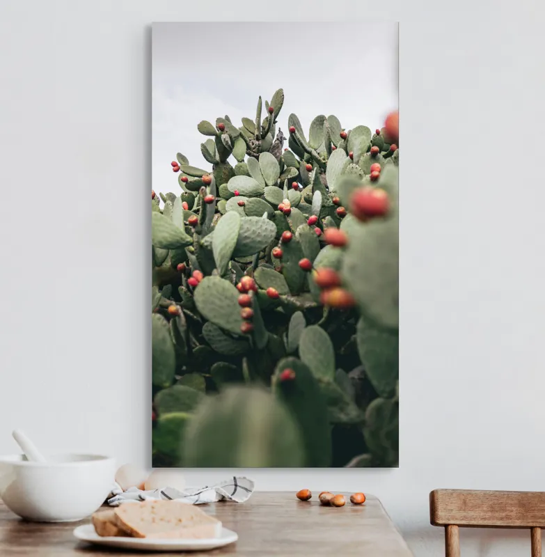 Tablou Canvas, "Oază de cactuși cu fructe colorate", Spini, Verde, Cactuși, Roșu, Fructe, Natură, Texturi, Pădure, Rugozitate, Ariditate, 50 x 90 cm – poza 3