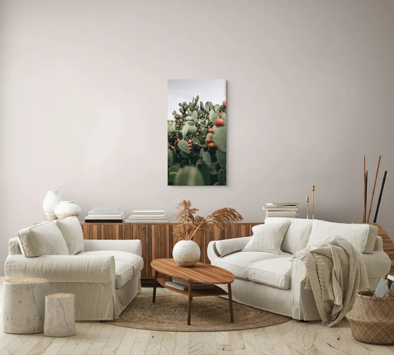 Tablou Canvas, "Oază de cactuși cu fructe colorate", Spini, Verde, Cactuși, Roșu, Fructe, Natură, Texturi, Pădure, Rugozitate, Ariditate, 50 x 90 cm – poza 7