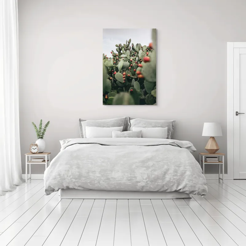 Tablou Canvas, "Oază de cactuși cu fructe colorate", Spini, Verde, Cactuși, Roșu, Fructe, Natură, Texturi, Pădure, Rugozitate, Ariditate, 70 x 100 cm – poza 3