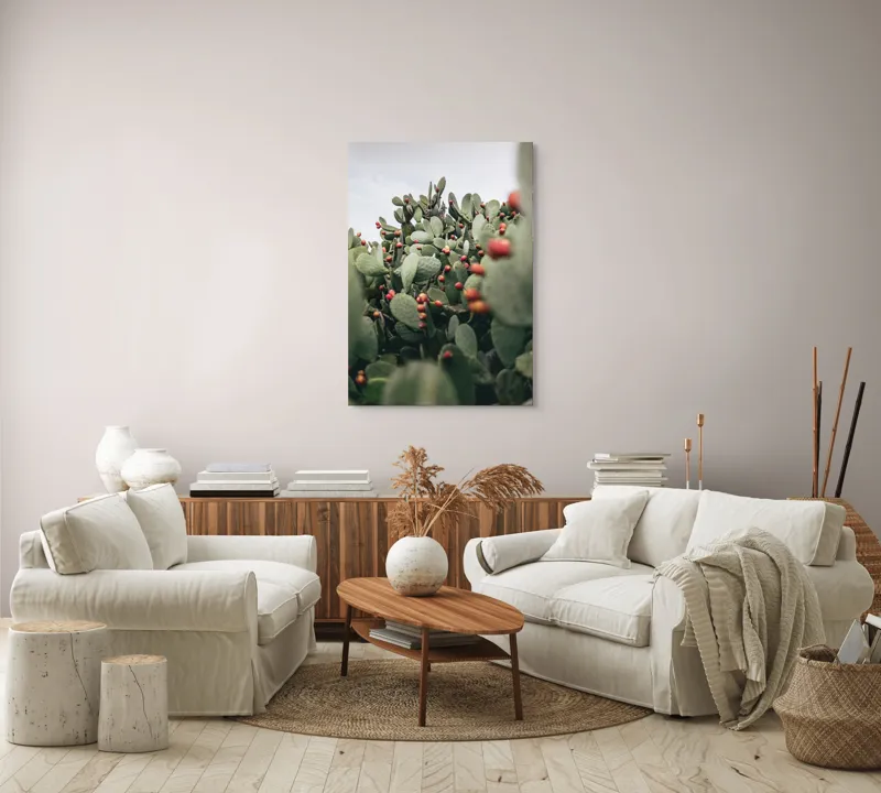 Tablou Canvas, "Oază de cactuși cu fructe colorate", Spini, Verde, Cactuși, Roșu, Fructe, Natură, Texturi, Pădure, Rugozitate, Ariditate, 70 x 100 cm – poza 4