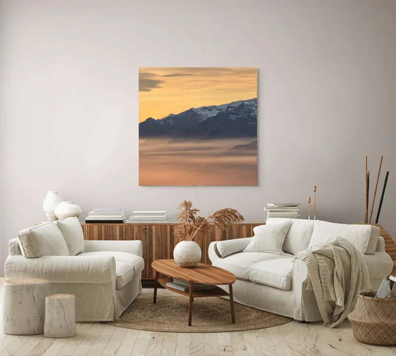 Tablou Canvas, "Munți îmbrățișați de ceața dimineții", Nori, Munți, Apus, Ceață, Lumină, Siluetă, Cer, Calm, Peisaj, Natură, 100 x 100 cm – poza 3