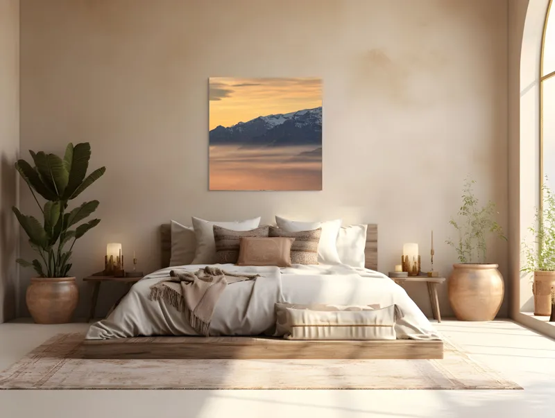 Tablou Canvas, "Munți îmbrățișați de ceața dimineții", Nori, Munți, Apus, Ceață, Lumină, Siluetă, Cer, Calm, Peisaj, Natură, 100 x 100 cm – poza 4