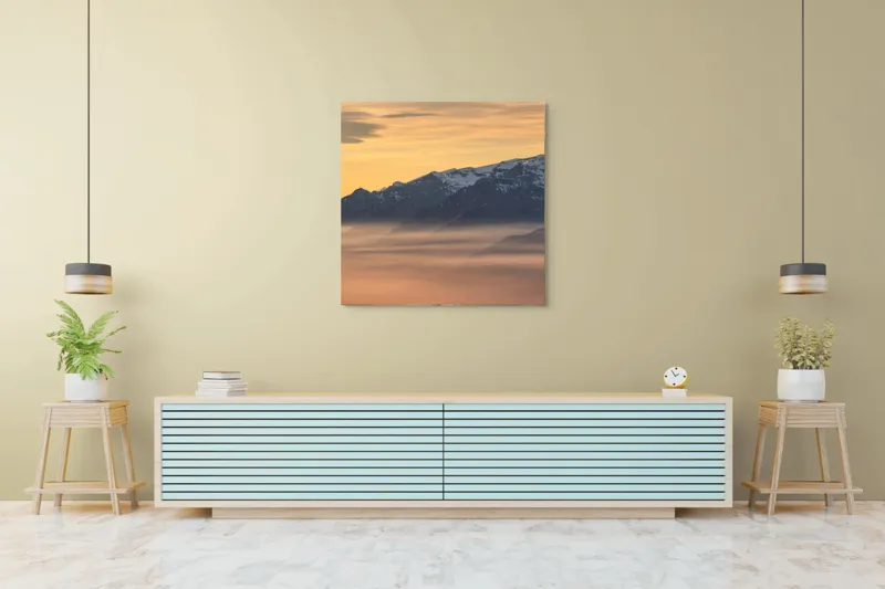 Tablou Canvas, "Munți îmbrățișați de ceața dimineții", Nori, Munți, Apus, Ceață, Lumină, Siluetă, Cer, Calm, Peisaj, Natură, 100 x 100 cm – poza 5