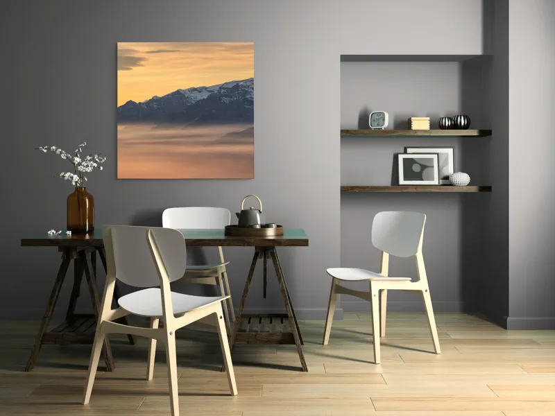 Tablou Canvas, "Munți îmbrățișați de ceața dimineții", Nori, Munți, Apus, Ceață, Lumină, Siluetă, Cer, Calm, Peisaj, Natură, 100 x 100 cm – poza 6