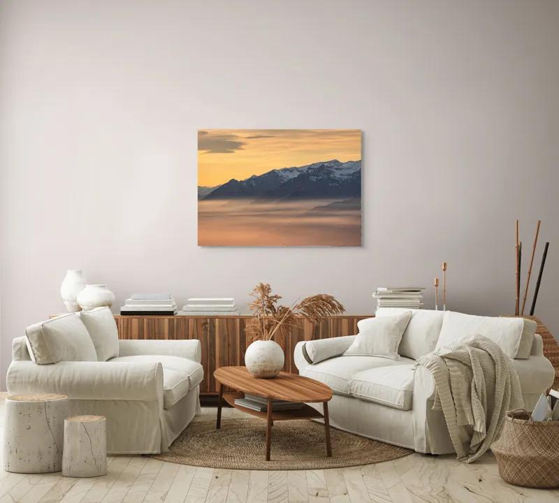 Tablou Canvas, "Munți îmbrățișați de ceața dimineții", Nori, Munți, Apus, Ceață, Lumină, Siluetă, Cer, Calm, Peisaj, Natură, 100 x 70 cm – poza 3