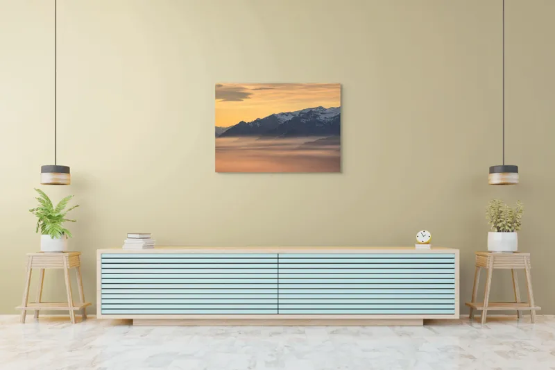 Tablou Canvas, "Munți îmbrățișați de ceața dimineții", Nori, Munți, Apus, Ceață, Lumină, Siluetă, Cer, Calm, Peisaj, Natură, 100 x 70 cm – poza 4