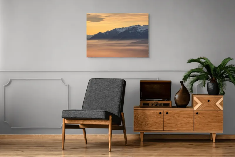 Tablou Canvas, "Munți îmbrățișați de ceața dimineții", Nori, Munți, Apus, Ceață, Lumină, Siluetă, Cer, Calm, Peisaj, Natură, 100 x 70 cm – poza 8