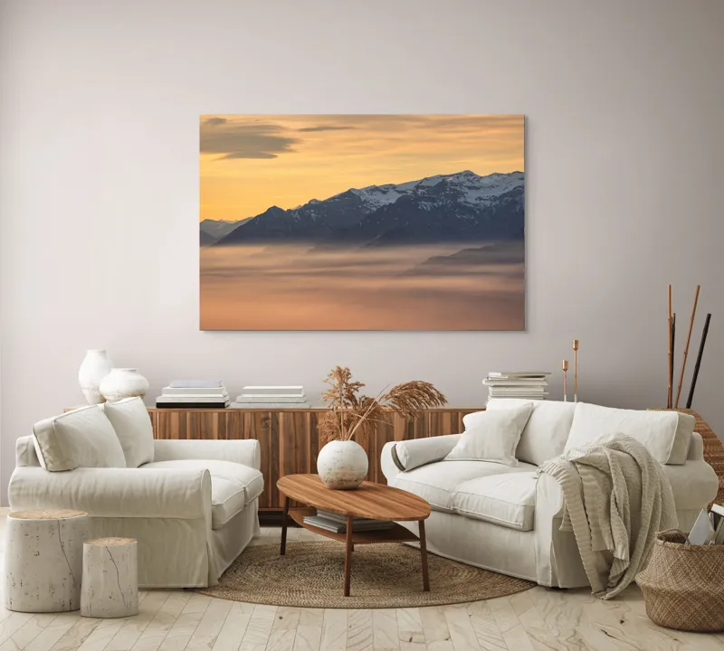 Tablou Canvas, "Munți îmbrățișați de ceața dimineții", Nori, Munți, Apus, Ceață, Lumină, Siluetă, Cer, Calm, Peisaj, Natură, 150 x 100 cm – poza 3