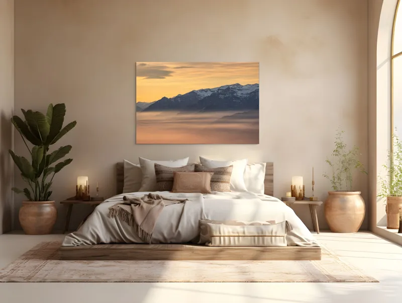 Tablou Canvas, "Munți îmbrățișați de ceața dimineții", Nori, Munți, Apus, Ceață, Lumină, Siluetă, Cer, Calm, Peisaj, Natură, 150 x 100 cm – poza 4