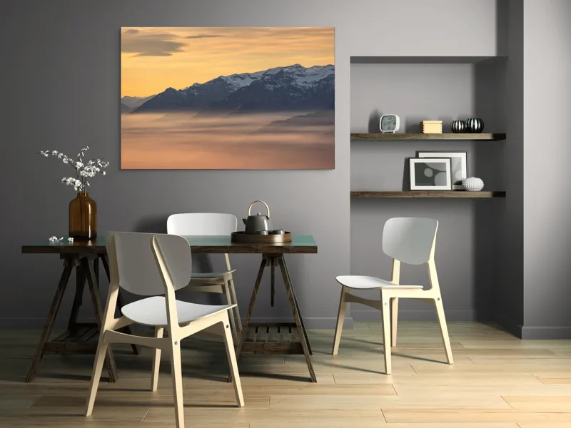 Tablou Canvas, "Munți îmbrățișați de ceața dimineții", Nori, Munți, Apus, Ceață, Lumină, Siluetă, Cer, Calm, Peisaj, Natură, 150 x 100 cm – poza 5
