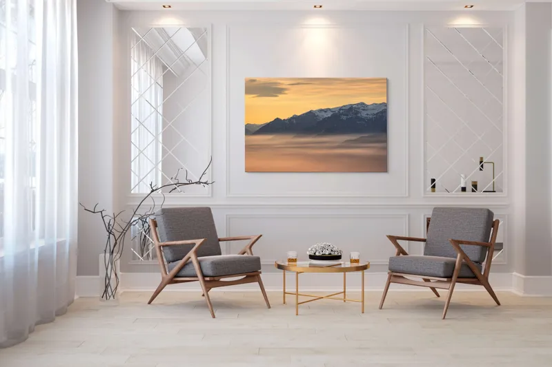 Tablou Canvas, "Munți îmbrățișați de ceața dimineții", Nori, Munți, Apus, Ceață, Lumină, Siluetă, Cer, Calm, Peisaj, Natură, 150 x 100 cm – poza 7