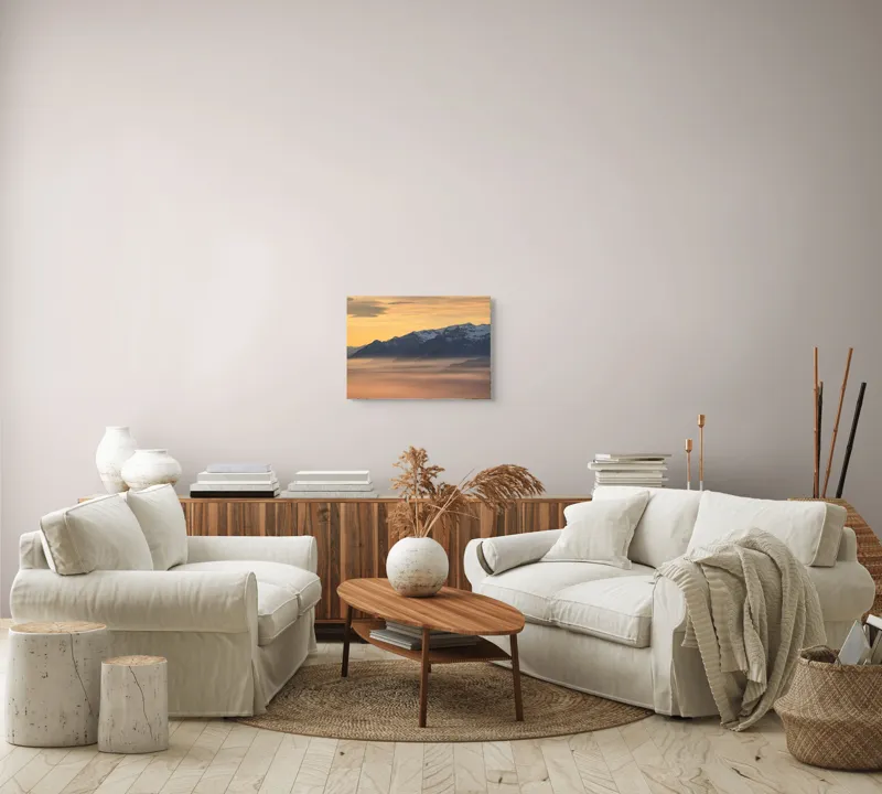 Tablou Canvas, "Munți îmbrățișați de ceața dimineții", Nori, Munți, Apus, Ceață, Lumină, Siluetă, Cer, Calm, Peisaj, Natură, 54 x 39 cm – poza 5