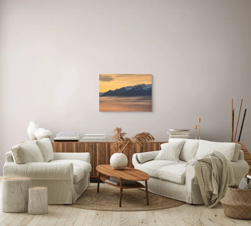Tablou Canvas, "Munți îmbrățișați de ceața dimineții", Nori, Munți, Apus, Ceață, Lumină, Siluetă, Cer, Calm, Peisaj, Natură, 70 x 50 cm – poza 6