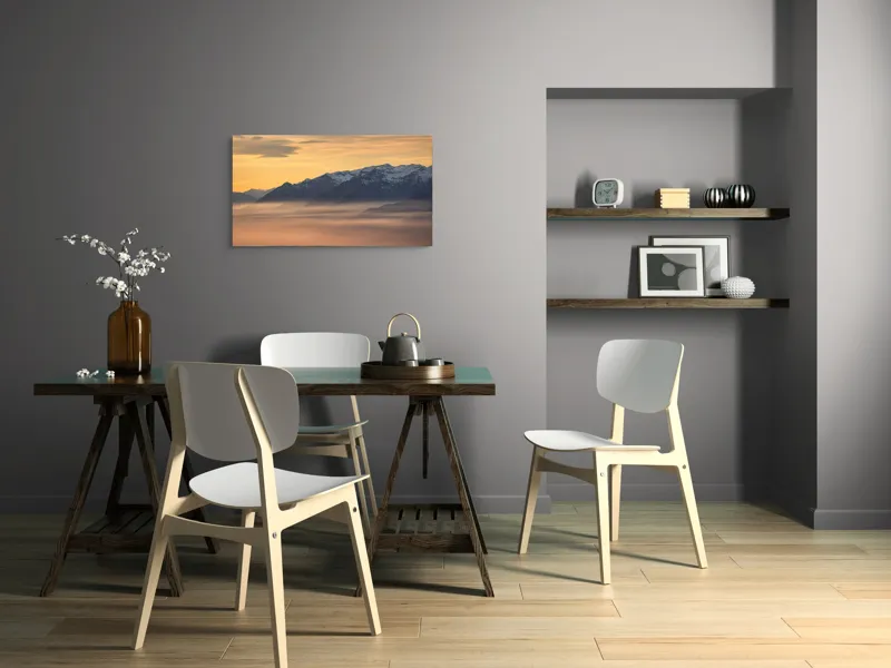 Tablou Canvas, "Munți îmbrățișați de ceața dimineții", Nori, Munți, Apus, Ceață, Lumină, Siluetă, Cer, Calm, Peisaj, Natură, 90 x 50 cm – poza 3