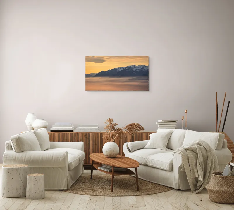 Tablou Canvas, "Munți îmbrățișați de ceața dimineții", Nori, Munți, Apus, Ceață, Lumină, Siluetă, Cer, Calm, Peisaj, Natură, 90 x 50 cm – poza 4