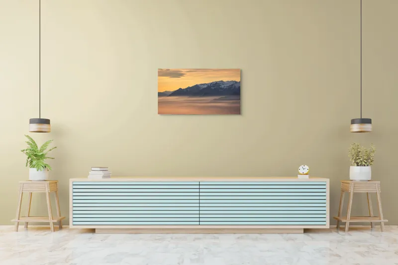 Tablou Canvas, "Munți îmbrățișați de ceața dimineții", Nori, Munți, Apus, Ceață, Lumină, Siluetă, Cer, Calm, Peisaj, Natură, 90 x 50 cm – poza 5