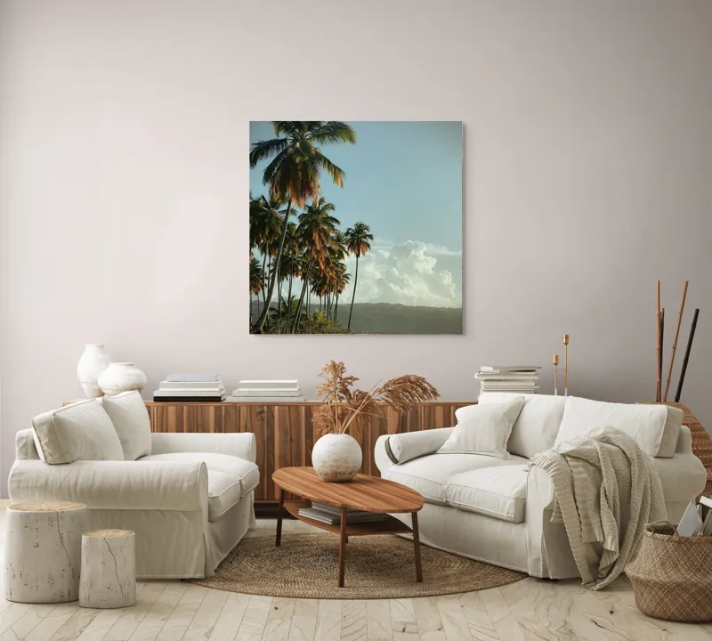 Tablou Canvas, "Vraja apusului printre palmieri tropicali", Palmieri, Plajă, Nisip, Cer, Nori, Apus, Vegetație, Relaxare, 100 x 100 cm – poza 3
