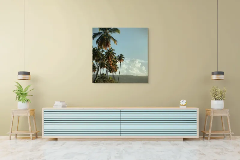Tablou Canvas, "Vraja apusului printre palmieri tropicali", Palmieri, Plajă, Nisip, Cer, Nori, Apus, Vegetație, Relaxare, 100 x 100 cm – poza 5