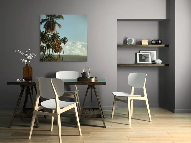 Tablou Canvas, "Vraja apusului printre palmieri tropicali", Palmieri, Plajă, Nisip, Cer, Nori, Apus, Vegetație, Relaxare, 100 x 100 cm – poza 6