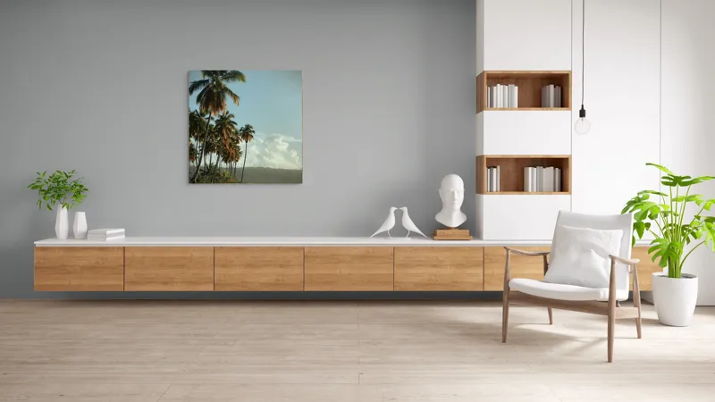 Tablou Canvas, "Vraja apusului printre palmieri tropicali", Palmieri, Plajă, Nisip, Cer, Nori, Apus, Vegetație, Relaxare, 100 x 100 cm – poza 8