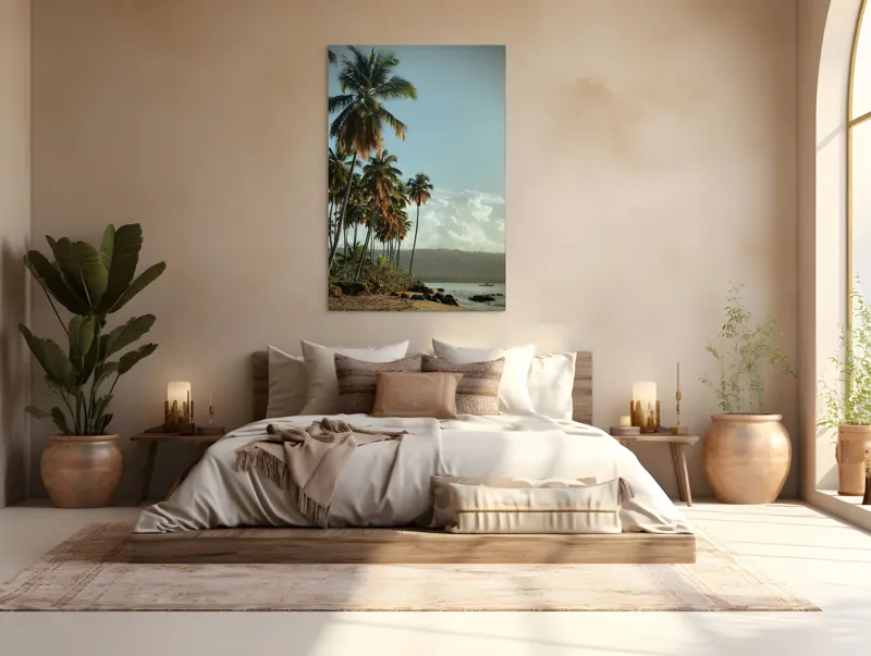 Tablou Canvas, "Vraja apusului printre palmieri tropicali", Palmieri, Plajă, Nisip, Cer, Nori, Apus, Vegetație, Relaxare, 100 x 150 cm – poza 3