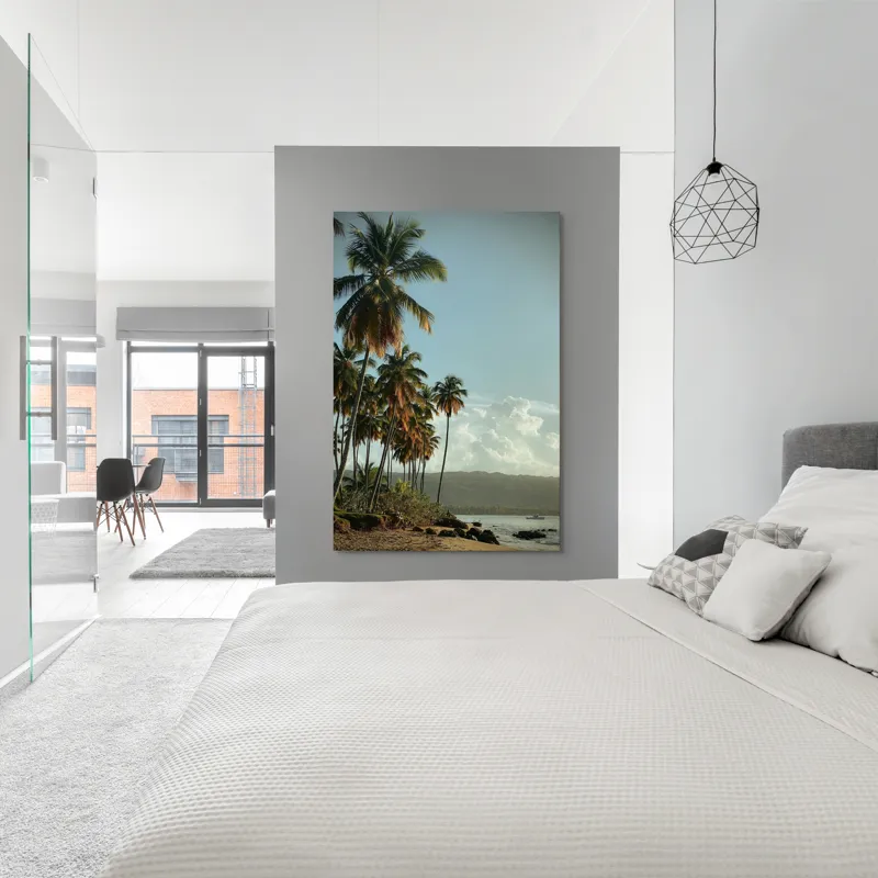 Tablou Canvas, "Vraja apusului printre palmieri tropicali", Palmieri, Plajă, Nisip, Cer, Nori, Apus, Vegetație, Relaxare, 100 x 150 cm – poza 5