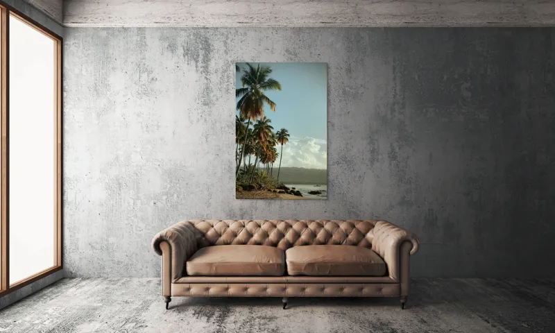 Tablou Canvas, "Vraja apusului printre palmieri tropicali", Palmieri, Plajă, Nisip, Cer, Nori, Apus, Vegetație, Relaxare, 100 x 150 cm – poza 6