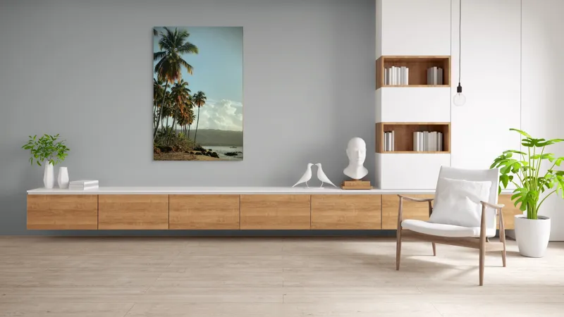 Tablou Canvas, "Vraja apusului printre palmieri tropicali", Palmieri, Plajă, Nisip, Cer, Nori, Apus, Vegetație, Relaxare, 100 x 150 cm – poza 8