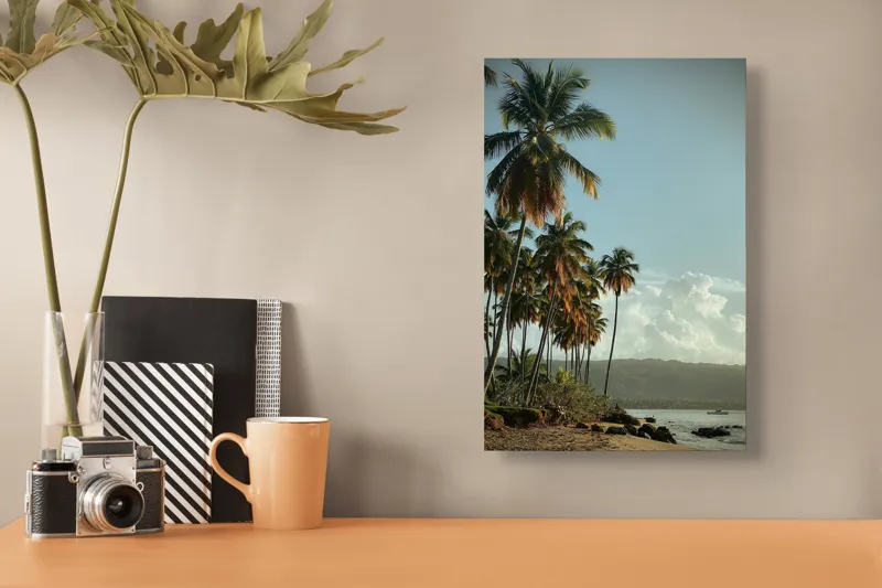 Tablou Canvas, "Vraja apusului printre palmieri tropicali", Palmieri, Plajă, Nisip, Cer, Nori, Apus, Vegetație, Relaxare, 26 x 39 cm – poza 3
