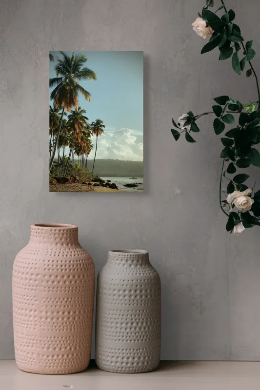 Tablou Canvas, "Vraja apusului printre palmieri tropicali", Palmieri, Plajă, Nisip, Cer, Nori, Apus, Vegetație, Relaxare, 26 x 39 cm – poza 6