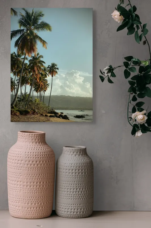 Tablou Canvas, "Vraja apusului printre palmieri tropicali", Palmieri, Plajă, Nisip, Cer, Nori, Apus, Vegetație, Relaxare, 39 x 54 cm – poza 6