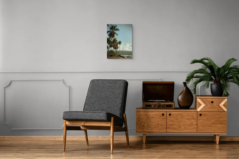 Tablou Canvas, "Vraja apusului printre palmieri tropicali", Palmieri, Plajă, Nisip, Cer, Nori, Apus, Vegetație, Relaxare, 39 x 54 cm – poza 8