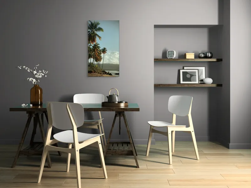 Tablou Canvas, "Vraja apusului printre palmieri tropicali", Palmieri, Plajă, Nisip, Cer, Nori, Apus, Vegetație, Relaxare, 50 x 90 cm – poza 4