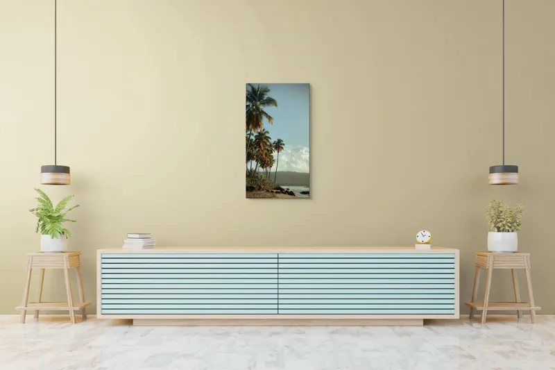 Tablou Canvas, "Vraja apusului printre palmieri tropicali", Palmieri, Plajă, Nisip, Cer, Nori, Apus, Vegetație, Relaxare, 50 x 90 cm – poza 6