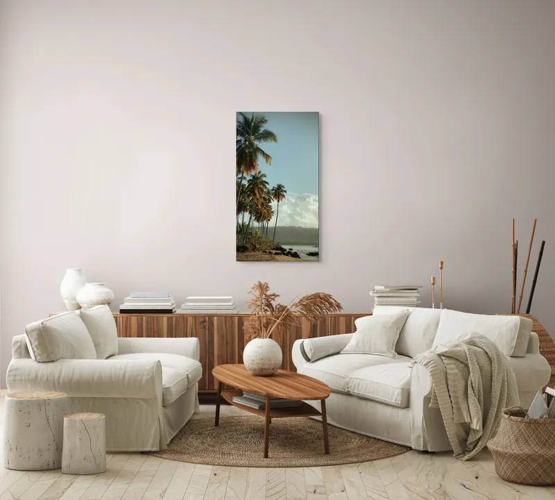 Tablou Canvas, "Vraja apusului printre palmieri tropicali", Palmieri, Plajă, Nisip, Cer, Nori, Apus, Vegetație, Relaxare, 50 x 90 cm – poza 7