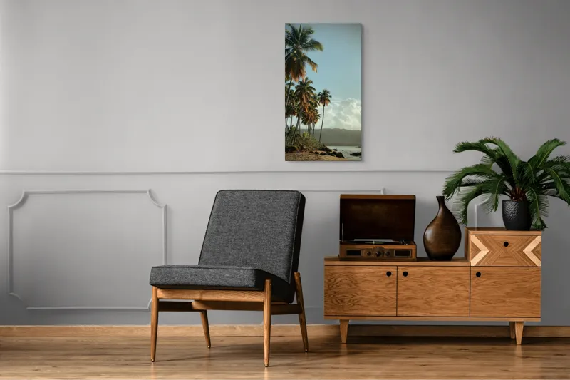Tablou Canvas, "Vraja apusului printre palmieri tropicali", Palmieri, Plajă, Nisip, Cer, Nori, Apus, Vegetație, Relaxare, 50 x 90 cm – poza 8