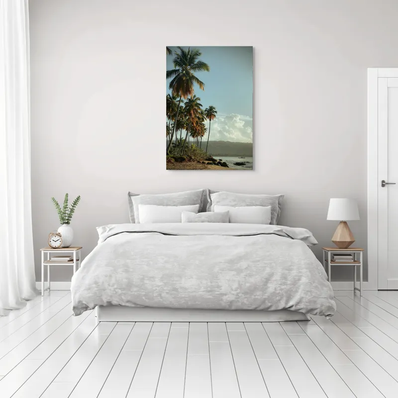 Tablou Canvas, "Vraja apusului printre palmieri tropicali", Palmieri, Plajă, Nisip, Cer, Nori, Apus, Vegetație, Relaxare, 70 x 100 cm – poza 3