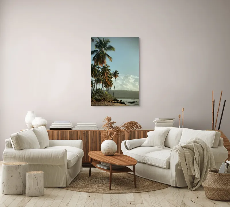 Tablou Canvas, "Vraja apusului printre palmieri tropicali", Palmieri, Plajă, Nisip, Cer, Nori, Apus, Vegetație, Relaxare, 70 x 100 cm – poza 4