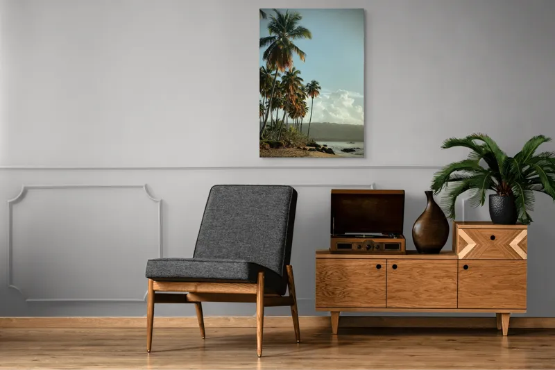 Tablou Canvas, "Vraja apusului printre palmieri tropicali", Palmieri, Plajă, Nisip, Cer, Nori, Apus, Vegetație, Relaxare, 70 x 100 cm – poza 6