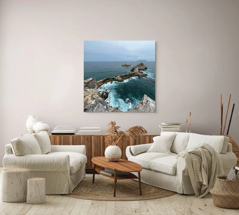 Tablou Canvas, "Stâncile de la marginea lumii", Ocean, Stânci, Valuri, Cer, Îndepărtare, Albastru, Natură, 100 x 100 cm – poza 3