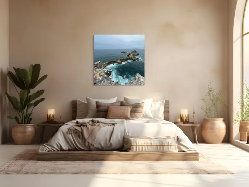 Tablou Canvas, "Stâncile de la marginea lumii", Ocean, Stânci, Valuri, Cer, Îndepărtare, Albastru, Natură, 100 x 100 cm – poza 4